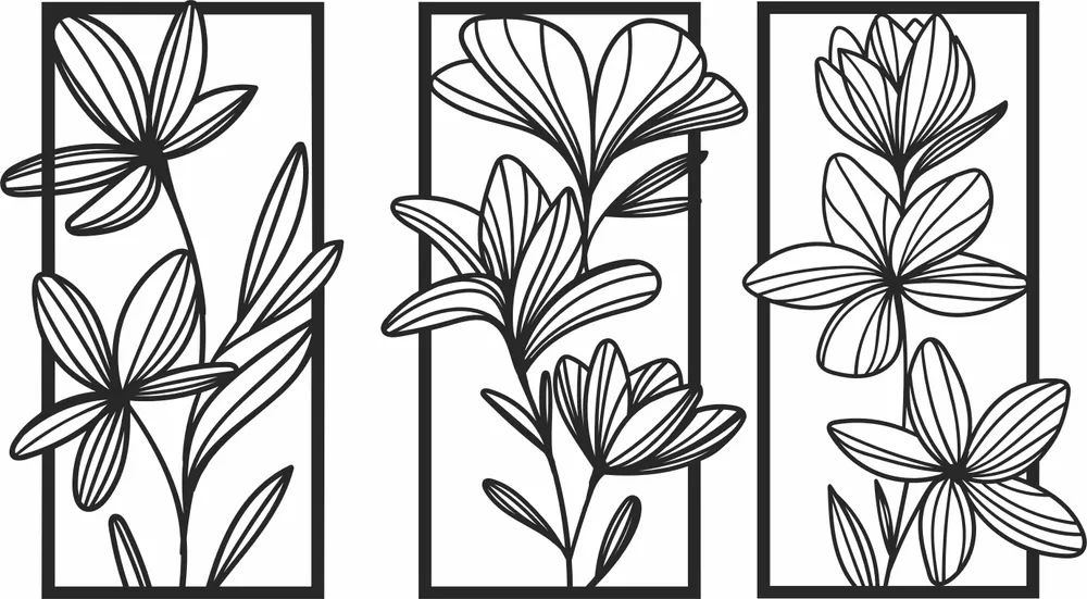 3 Flower Wall Art — full DXF linework preview