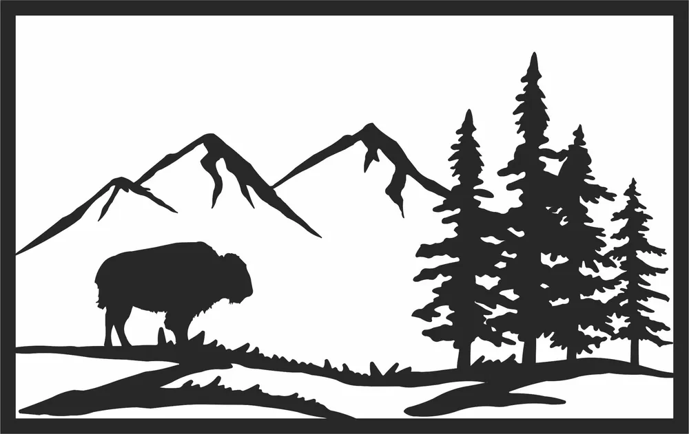 American Bison Buffalo Mountain Pine Forest Panel — full DXF linework preview