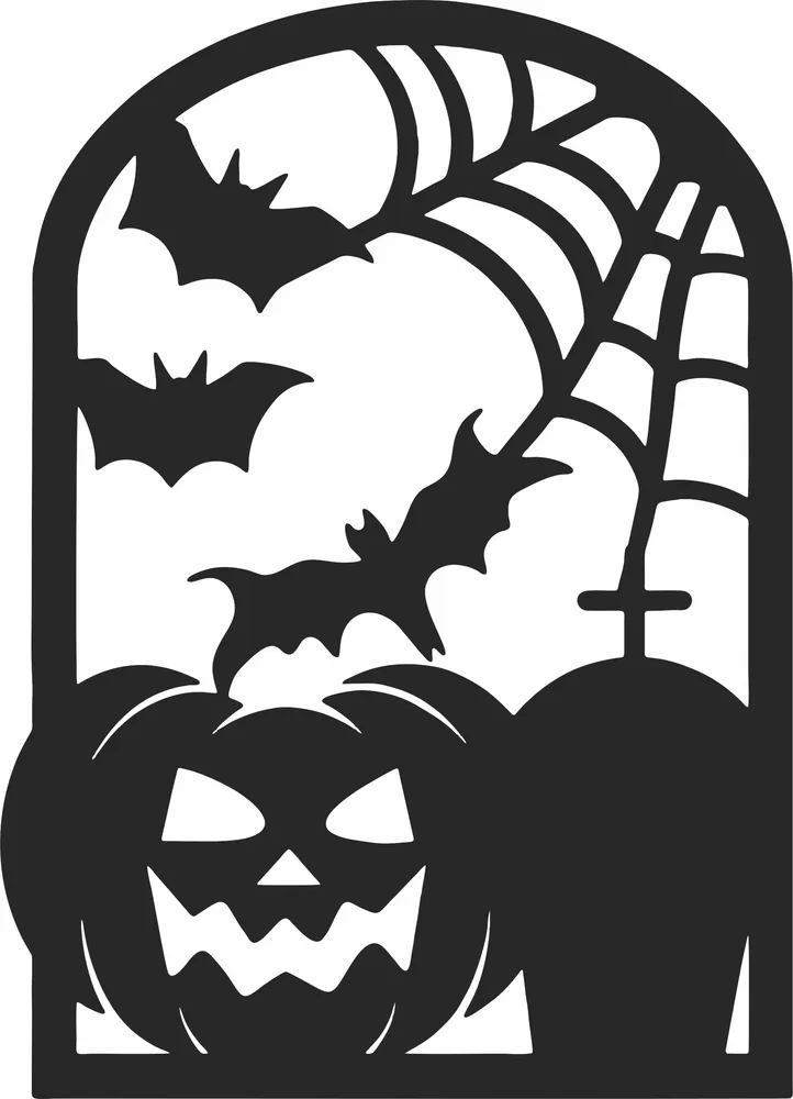Arched Halloween Window Spooky Pumpkin Bats Graveyard — DXF linework preview