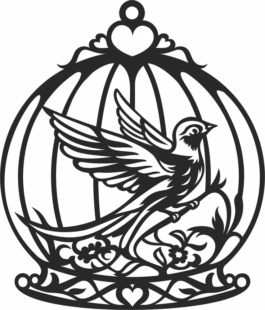 Bird in Cage Wall Decor Clipart — full DXF linework preview