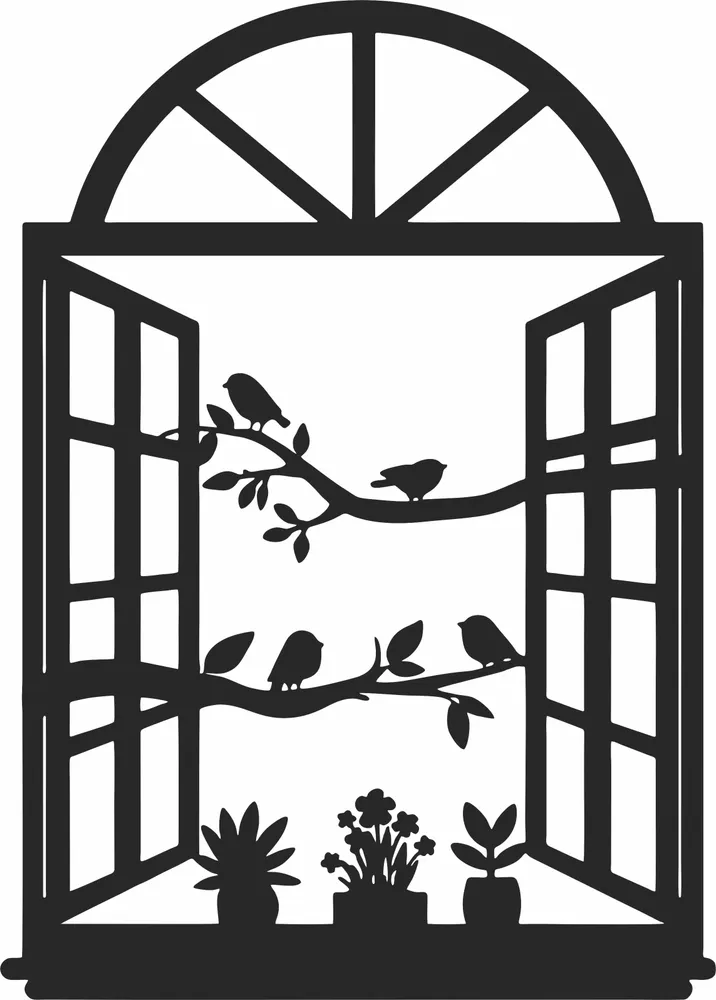 Birds on Branch From Window Clipart — full DXF linework preview