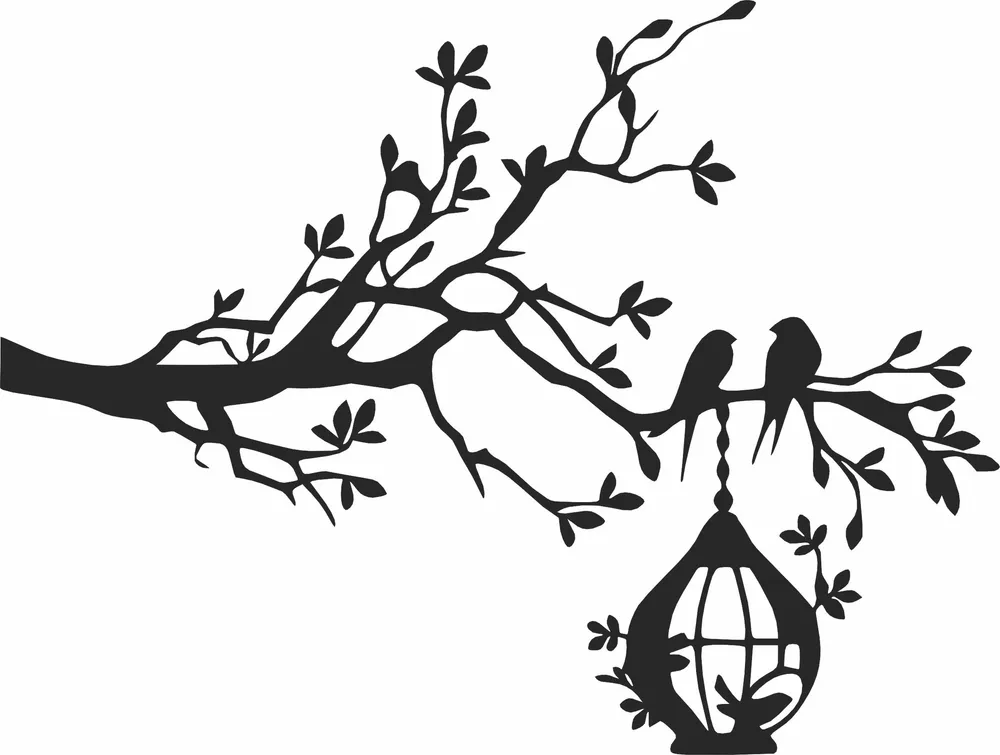 Birds Sitting on Tree Branch with Hanging Birdcage Silhouette — DXF linework preview
