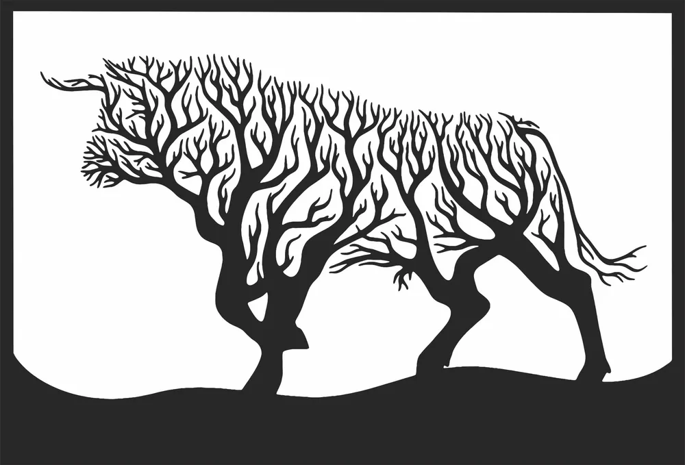Bull Buffalo Tree Branches Clipart — full DXF linework preview