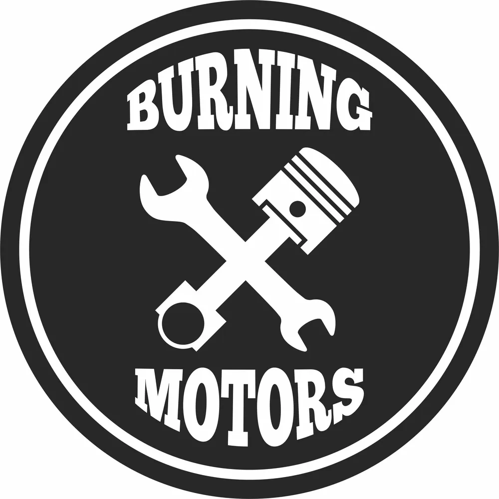 Burning Motors Crossed Wrench and Piston Round Emblem — DXF linework preview