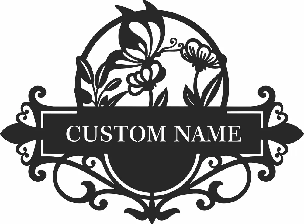 Butterfly Flowers Address Sign Monogram — full DXF linework preview