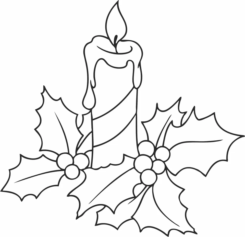Christmas Candle and Holly Leaves Clipart — DXF linework preview