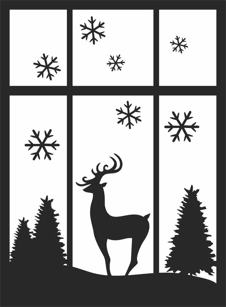Christmas Window Deer Scene Wall Art — full DXF linework preview