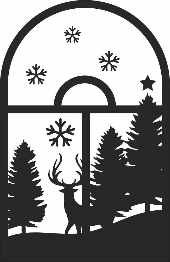Christmas Window Deer Scene Wall Art — full DXF linework preview