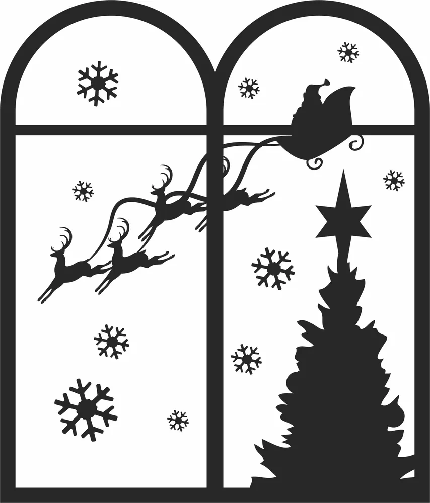 Christmas Window Scene Wall Art — full DXF linework preview