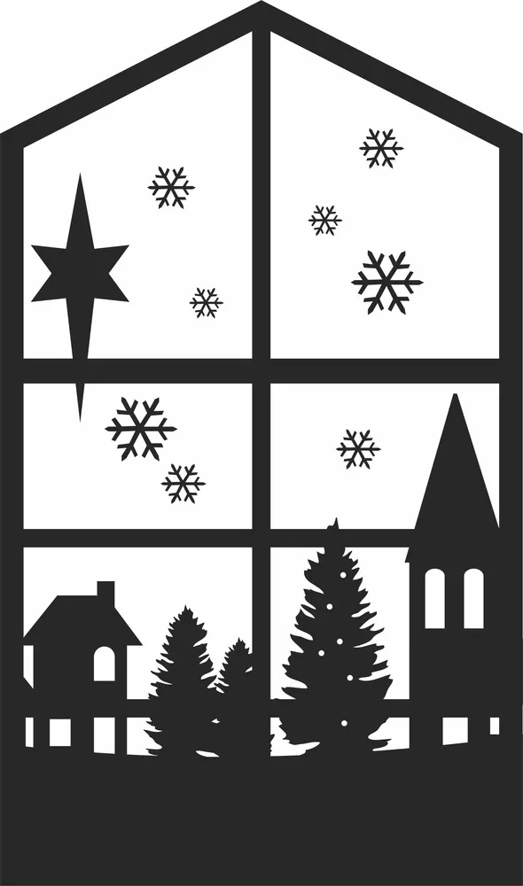 Christmas Window Scene Wall Art — full DXF linework preview