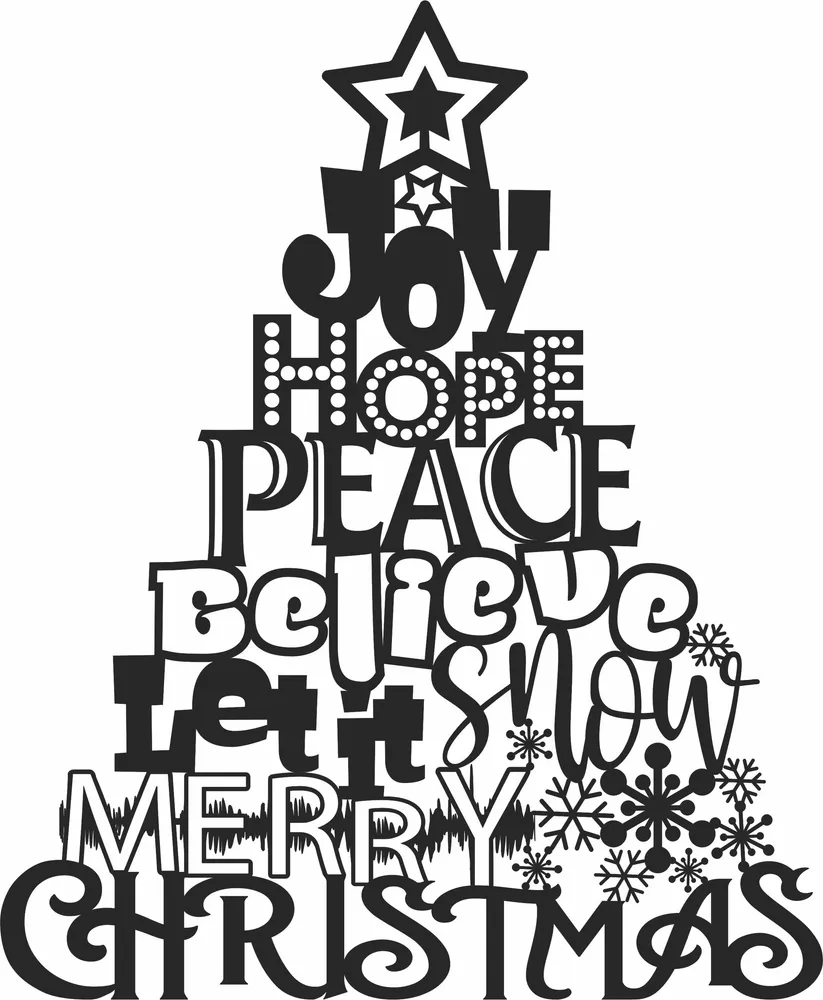 Christmas Words Tree Decor Design — full DXF linework preview