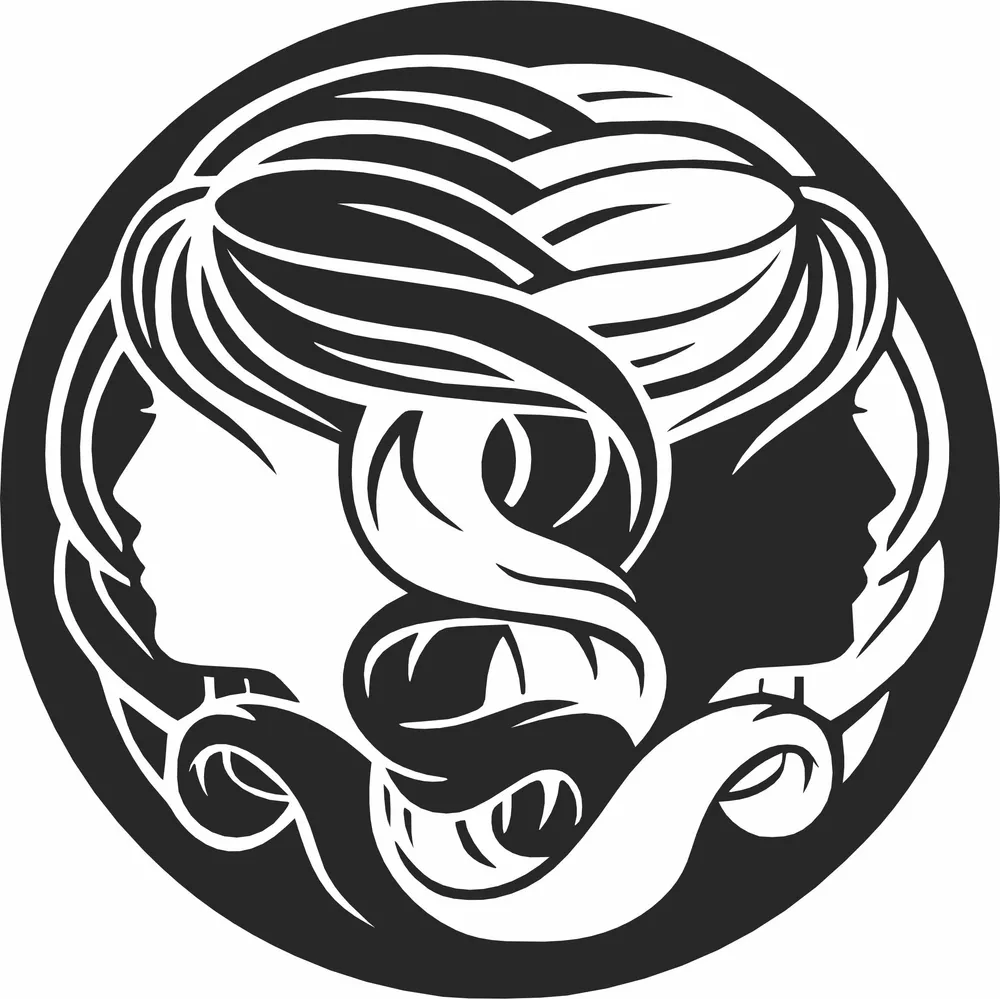 Circular Gemini Zodiac Sign Twins Female Profiles Emblem — DXF linework preview
