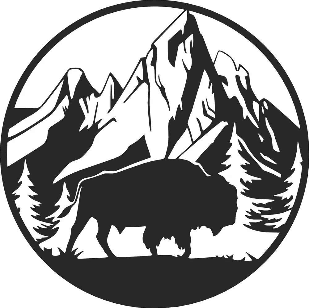 Circular Wild Bison Mountain Forest Nature Scene — DXF linework preview