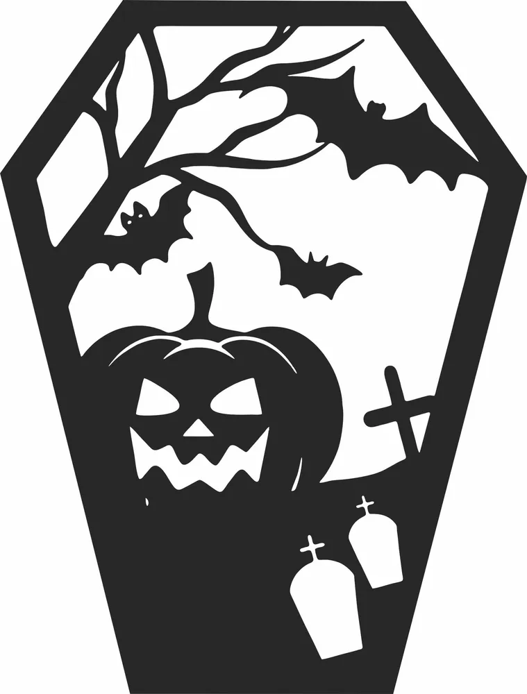 Coffin Shaped Halloween Scene Pumpkin Bats Graveyard — DXF linework preview