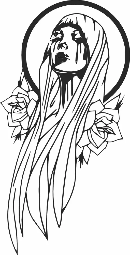 Crying Virgin Mary Crying Tears with Rose Flowers Halo Profile — full DXF linework preview