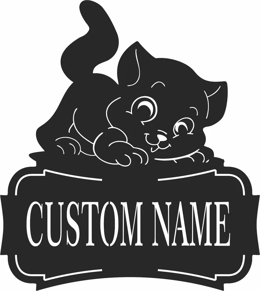 Cute Cat Name Sign — full DXF linework preview