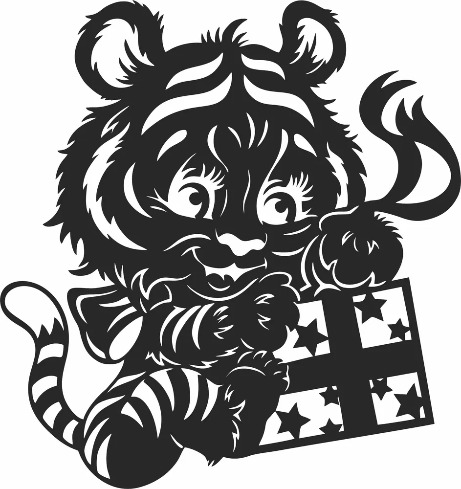 Cute Tiger Gift Clipart — full DXF linework preview