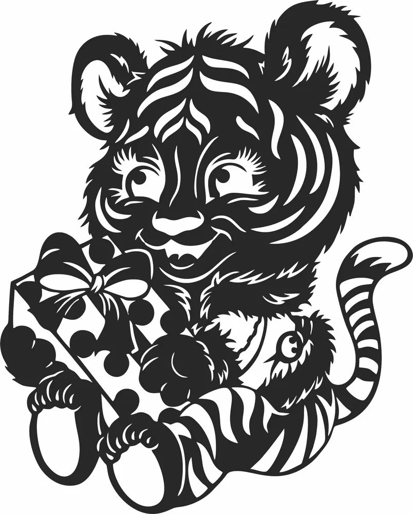 Cute Tiger Gift Clipart — full DXF linework preview