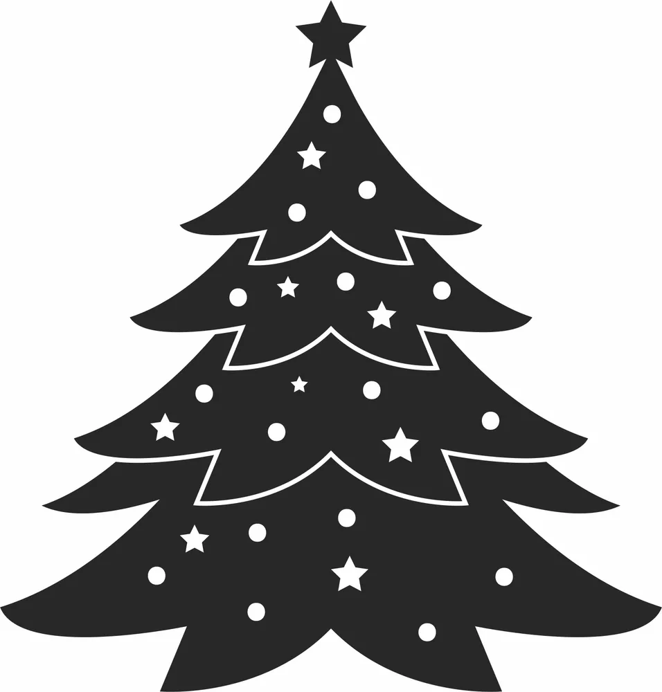 Decorated Christmas Tree Star Topper Baubles Silhouette — DXF linework preview