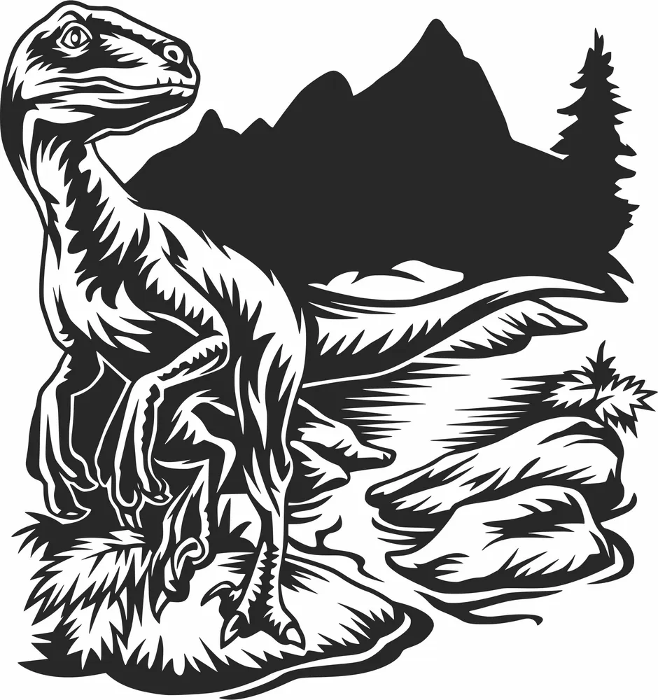 Dinosaur Scene Clipart — full DXF linework preview