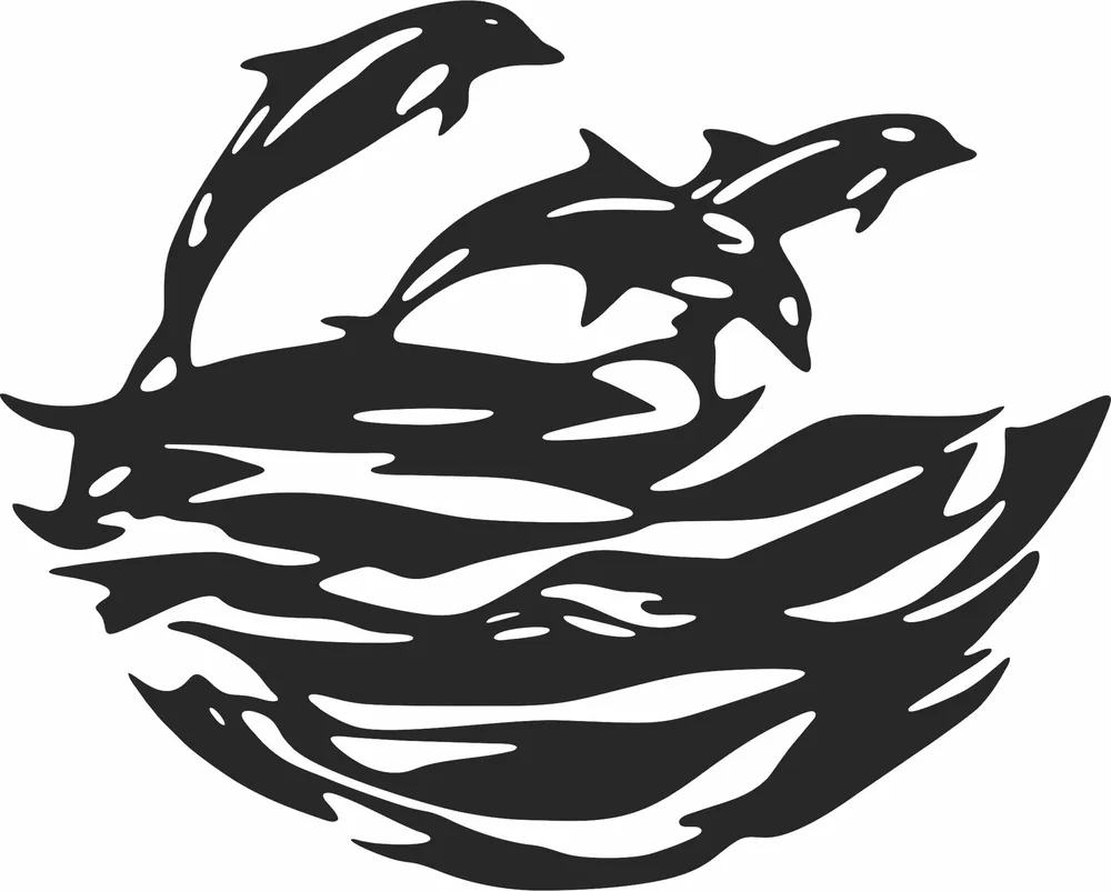Dolphin Scene Clipart — full DXF linework preview