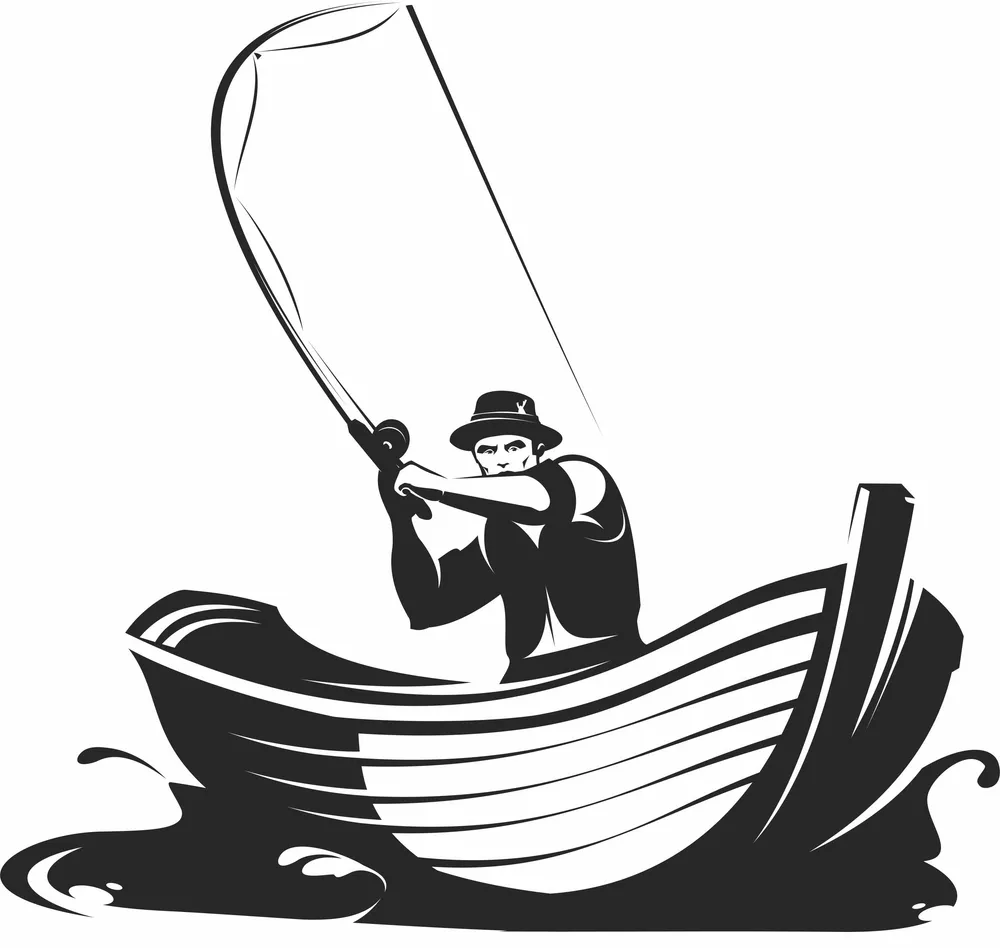 Fisherman Fishing in Boat Clipart — full DXF linework preview