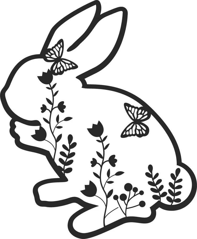 Floral Easter Bunny Happy Easter Silhouette — full DXF linework preview