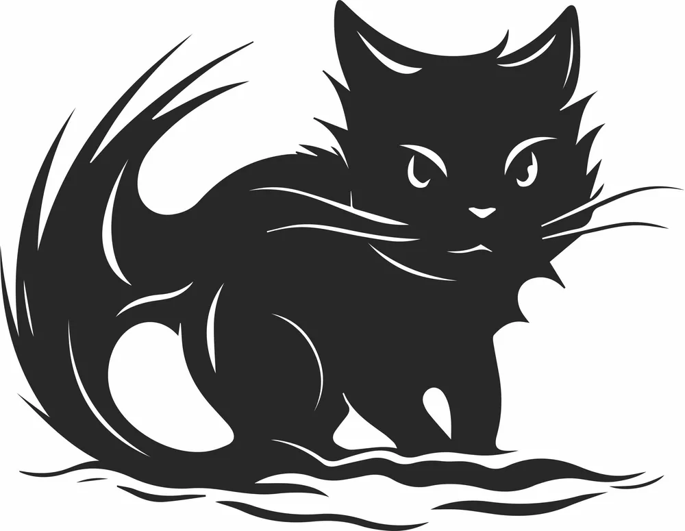 Fluffy Black Cat Silhouette — full DXF linework preview