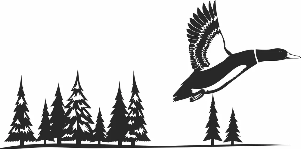 Flying Mallard Duck Pine Forest Horizon Wilderness Scene — DXF linework preview