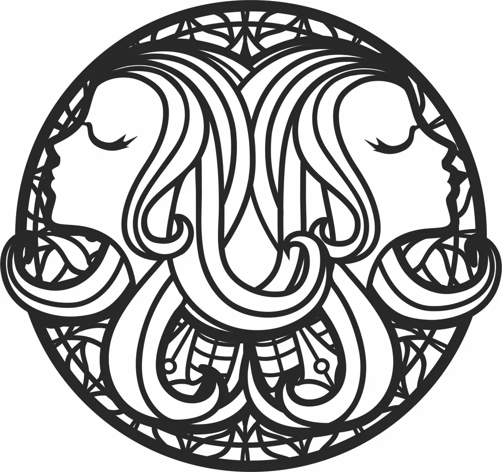 Gemini Twins Zodiac Wall Art — full DXF linework preview