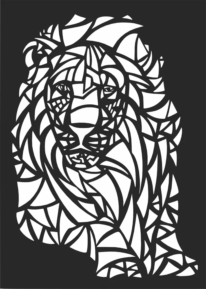 Geometric Abstract Stained Glass Styled Lion Head Mosaic Art — DXF linework preview