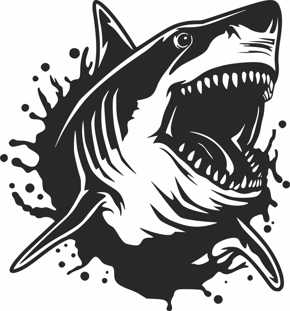 Great White Shark Open Mouth Water Splash Silhouette — DXF linework preview