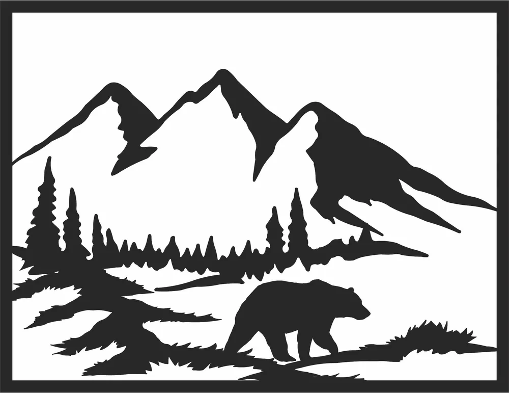 Grizzly Bear Mountain Forest Landscape Frame Scene — full DXF linework preview