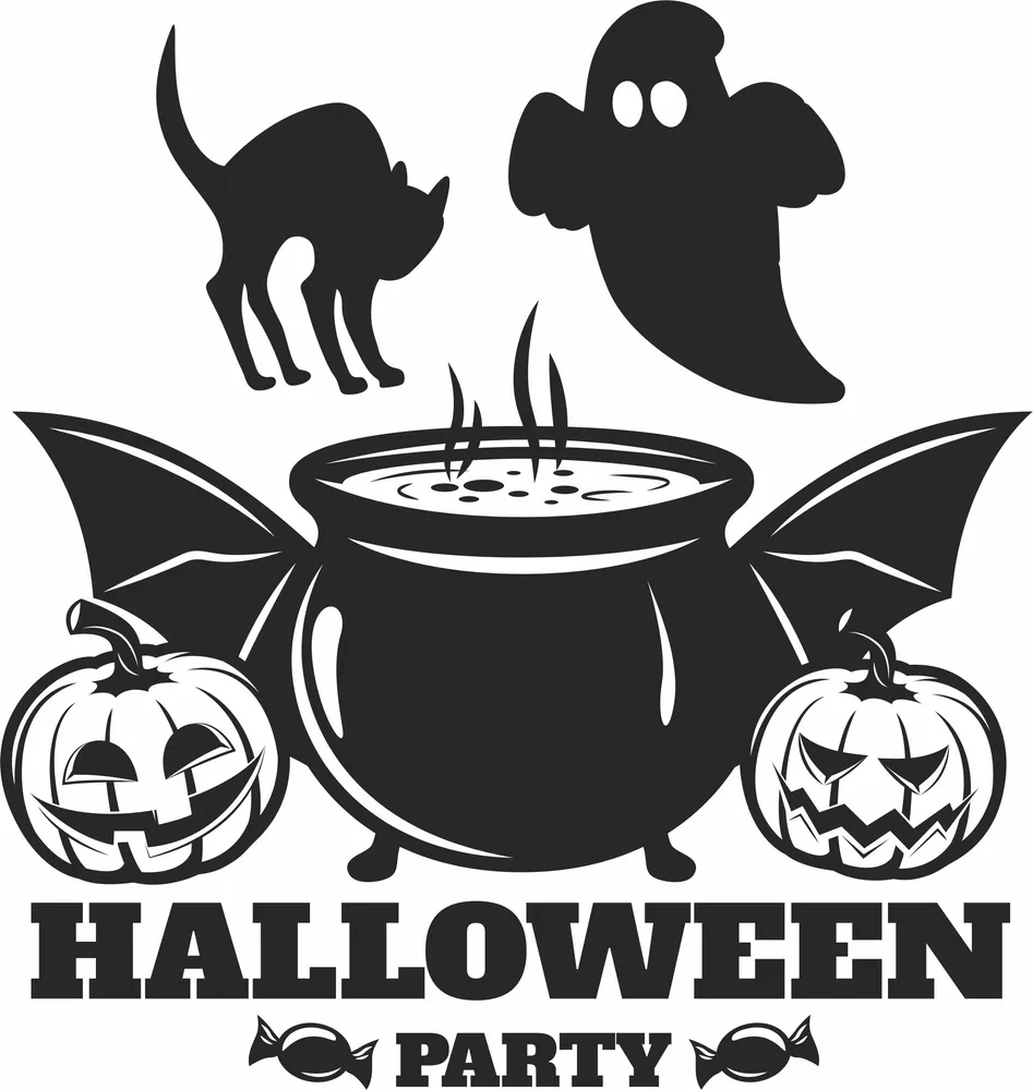 Halloween Ghost Cat Cauldron Clipart — DXF linework preview