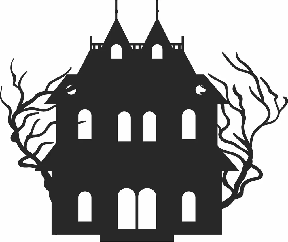 Halloween Scary House Wall Art — full DXF linework preview