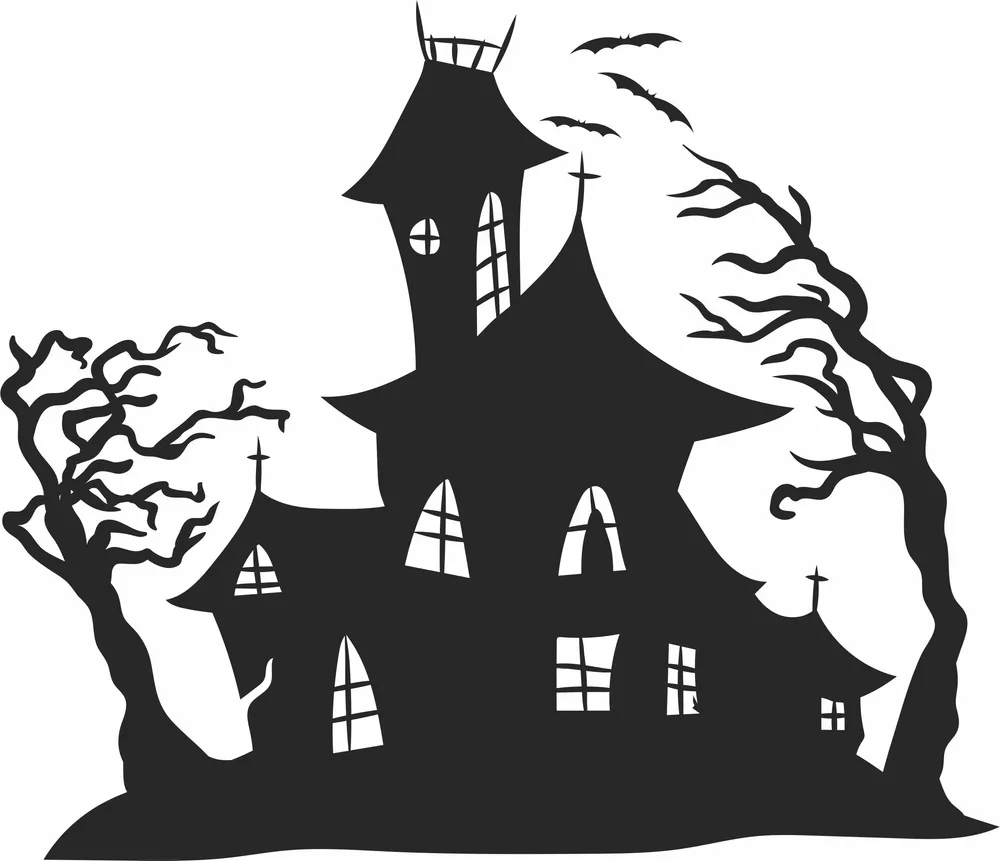 Halloween Scary House Wall Art — full DXF linework preview