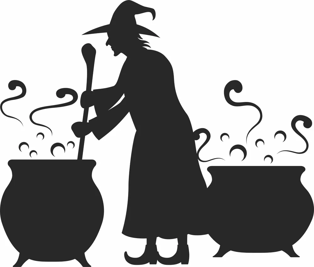 Halloween Witch Cauldron Silhouette — full DXF linework preview