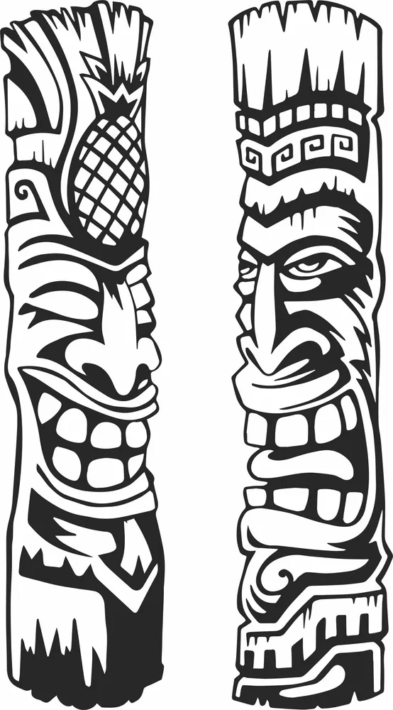 Hawaiian Tiki Totem Poles Pineapple Tribal Face Vector — DXF linework preview