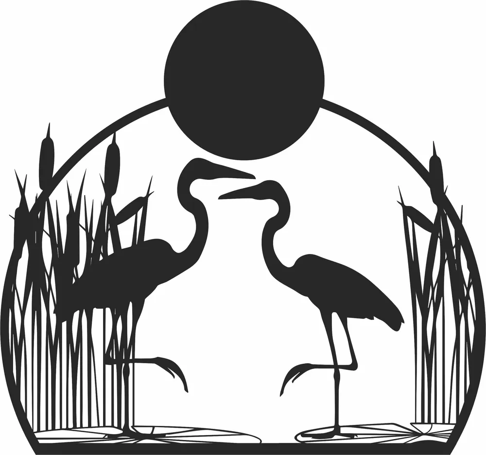 Heron Scene Work Clipart — full DXF linework preview