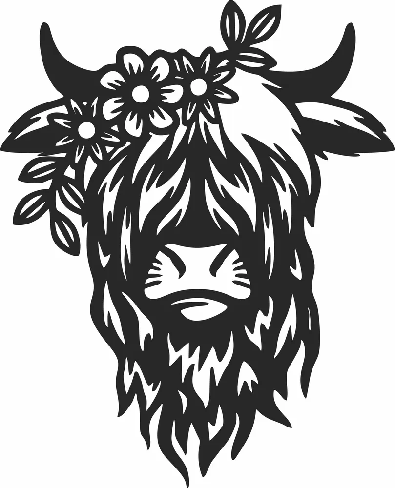 Highland Cow Flower Silhouette — full DXF linework preview