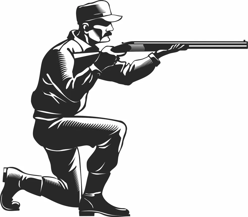 Kneeling Hunter Aiming Shotgun Rifle Retro Illustration — DXF linework preview
