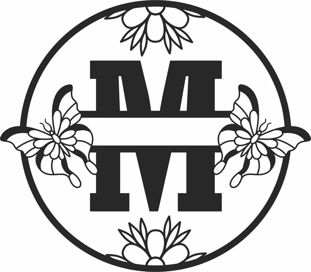 M Butterfly Split Monogram — full DXF linework preview