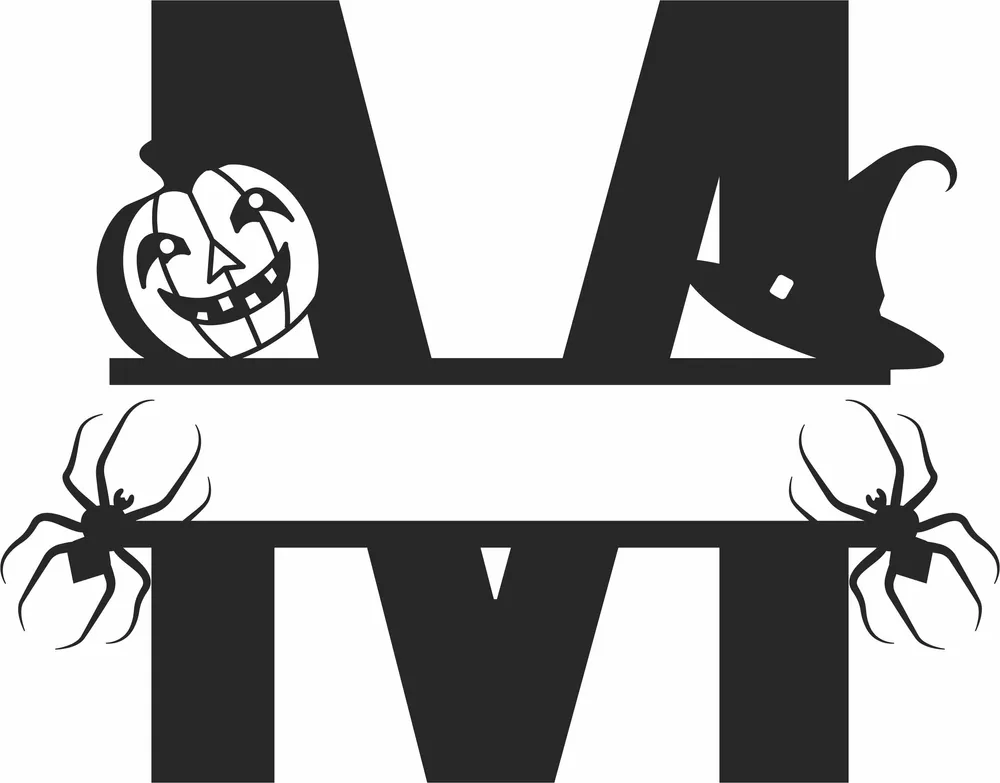 M Halloween Split Monogram — full DXF linework preview
