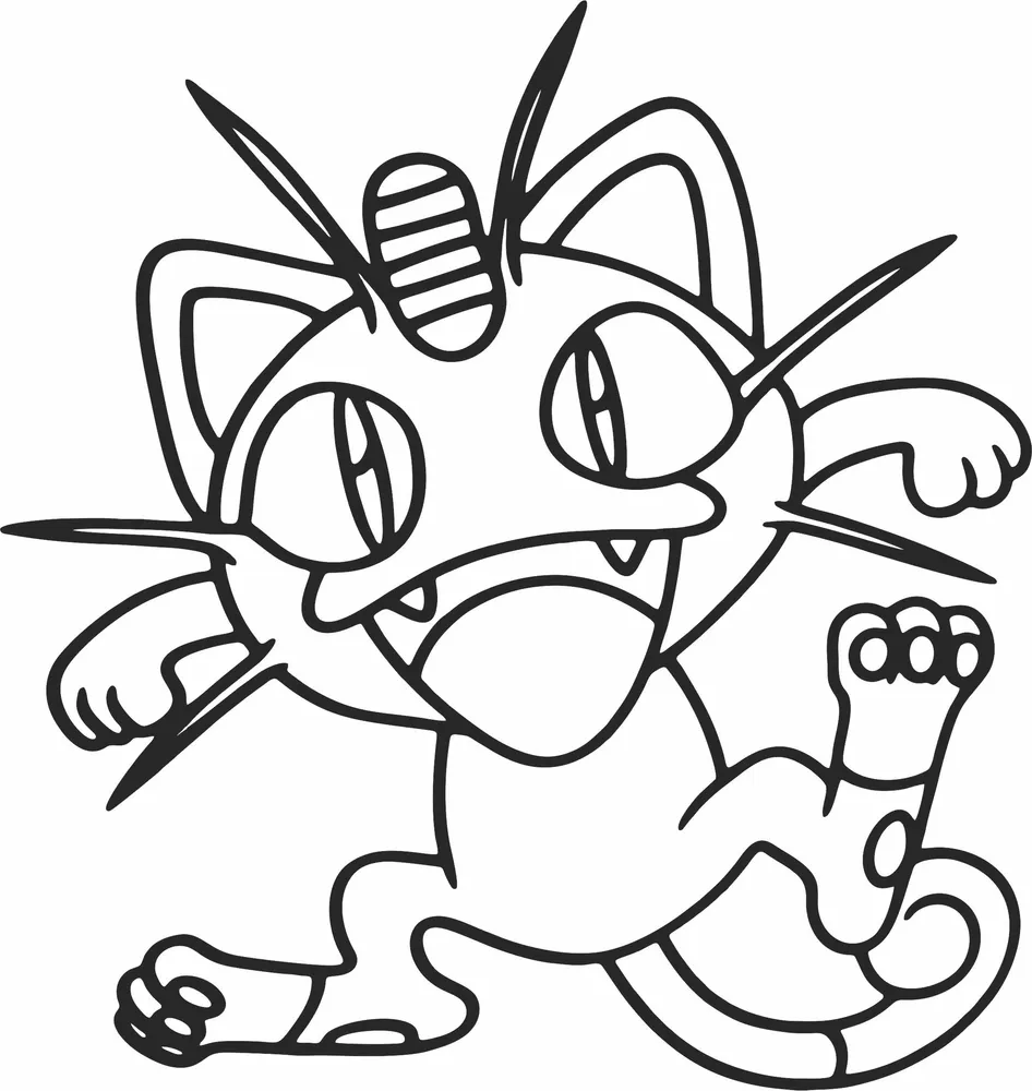 Meowth Anime Cat Character Line Art Silhouette — DXF linework preview