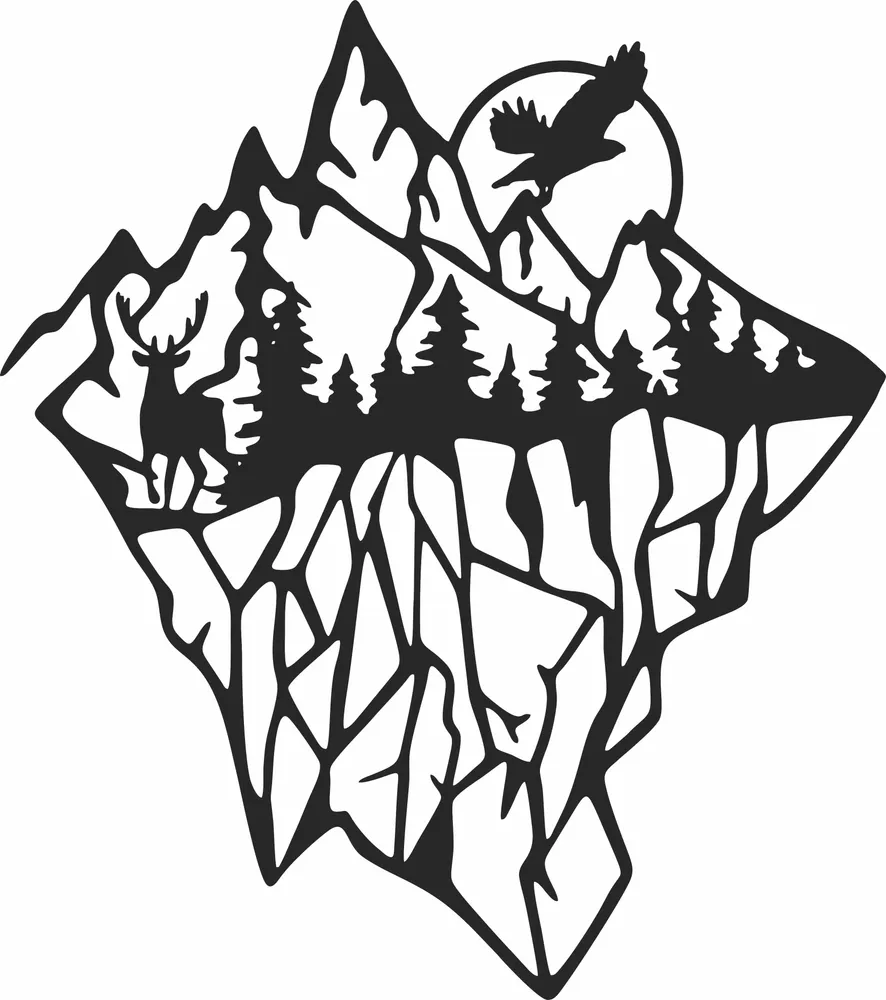 Mountain Forest Scene Clipart — full DXF linework preview