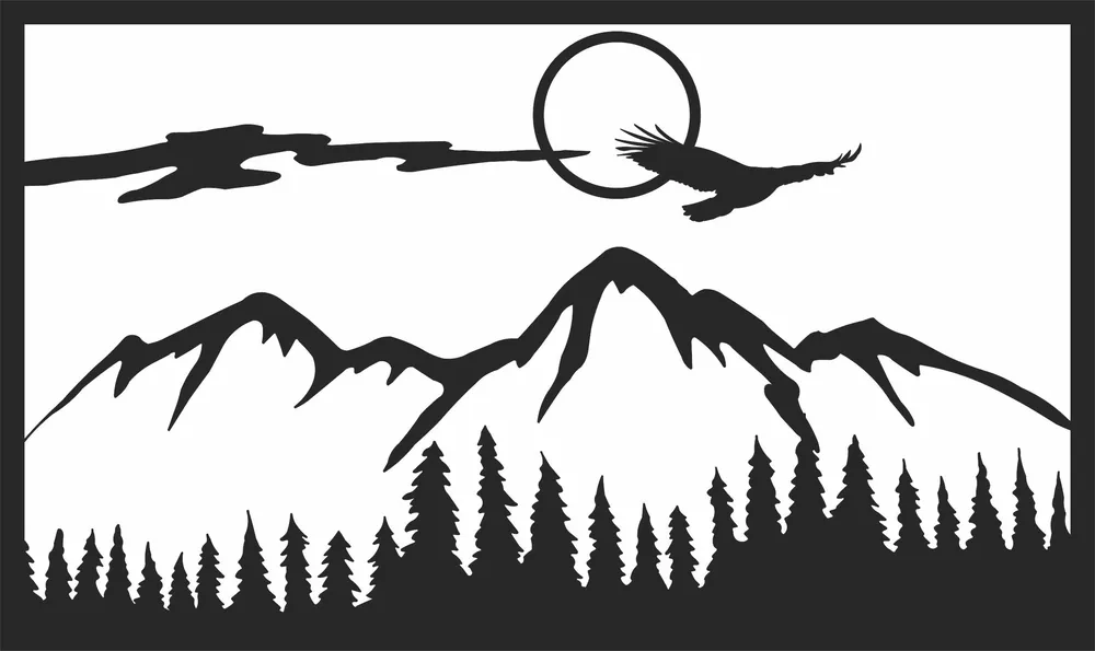 Mountains Range and Trees Scene Clipart — full DXF linework preview