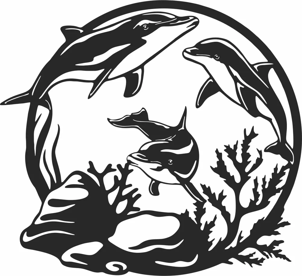 Oceon Dolphins Scene Wall Art — full DXF linework preview