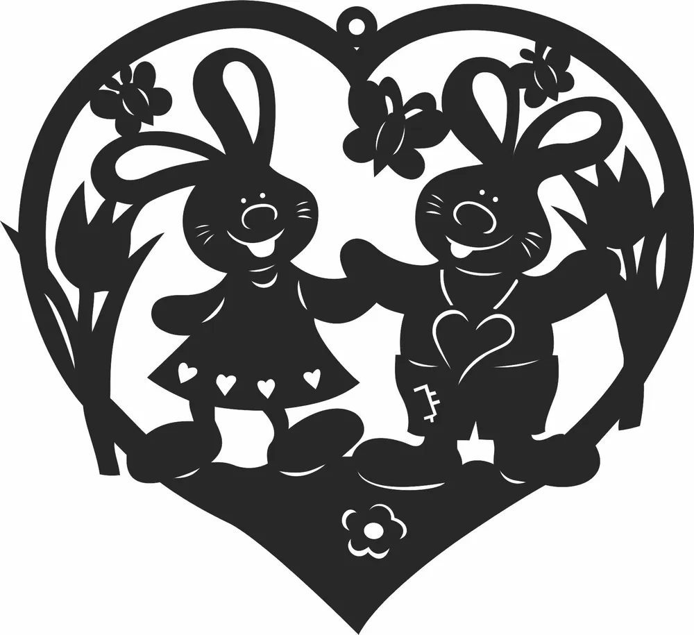 Rabbits Hearts Easter Ornament — full DXF linework preview