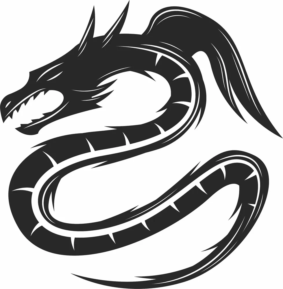 Roaring Coiled Eastern Dragon Silhouette — DXF linework preview