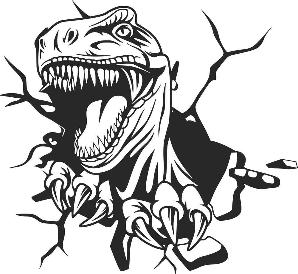 Roaring Dinosaur T Rex Crashing Through Wall Silhouette — DXF linework preview